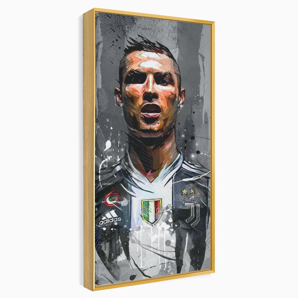 Tablou canvas cu tablou portret cristiano ronaldo juventus, in rama de aluminiu auriu